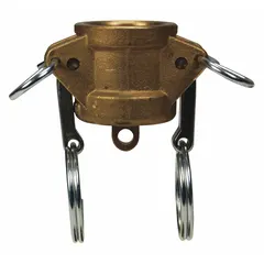 Forged brass dust cap for cam-and-groove couplings. Seals the coupling end when not in use to protect against dirt and moisture. Features 250 psi maximum working pressure at 70°F and a Nitrile gasket. Overall length 1 23/32 in.