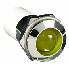 This LED indicator pilot light features a yellow LED and a raised head design. It has a 16 mm panel mounting hole diameter with an M16 thread for secure installation. The electrical connection is 0.11 Male Quick Disconnect. Suitable for use on industrial control panels and machinery to provide visual status indication.