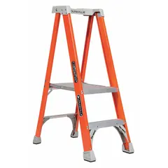 Fiberglass general purpose podium stepladder with a 4 ft platform height. Rated for 300 lb load capacity and weighs 16 lb. Features impact-resistant bracing for structural integrity. Suitable for maintenance, electrical, and construction tasks requiring a stable elevated work surface.