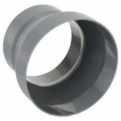 PVC duct reducer for transitioning between 14-inch and 12-inch diameter ducts in ventilation and fume-extraction systems. Inlet diameter 14 in, outlet diameter 12 in, overall length 8 1/2 in. Suitable for HVAC and industrial exhaust applications requiring corrosion resistance.