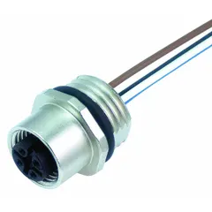 M12 female front mounting receptacle with A-coding and 8 pins for signal and low-power applications. Features a 2 m TPE cable lead with 0.25 sq mm wire size. Rated IP65 for protection against dust and water jets. Suitable for sensor/actuator connections and control systems in industrial environments.
