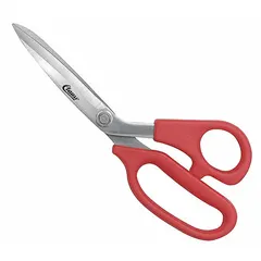 These 8-inch offset plastic-handle scissors feature straight stainless steel blades with pointed tips and a red handle. Designed for multipurpose cutting, they are suitable for trimming paper, fabric, light cardboard, and similar materials in office, school, or light industrial settings. The ambidextrous design accommodates both left- and right-handed users.