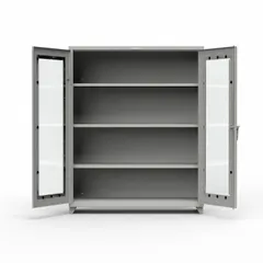 Industrial clearview shelf cabinet with a medium gray finish and assembled frame. Includes three adjustable shelves and a swing door. Base type is legs. Suitable for organizing tools, parts, and supplies in warehouses, workshops, and manufacturing facilities.