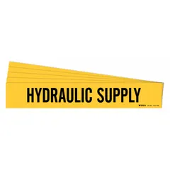 Adhesive pipe marker with yellow background and black legend text reading 'Hydraulic Supply'. Designed for pipes with outer diameter of 8 inches and larger. Sold in a pack of 5. Suitable for identifying hydraulic supply lines in industrial piping systems.