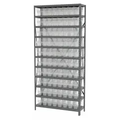 This metal stationary bin shelving unit from AKRO-MILS features a gray steel frame and includes 80 clear polymer shelf bins. Each bin measures 6 in x 4-1/8 in x 11-5/8 in and is arranged across 11 shelves. The open-front design allows quick visual identification and easy access to stored items, suitable for organizing small parts and components in industrial facilities, warehouses, and workshops.