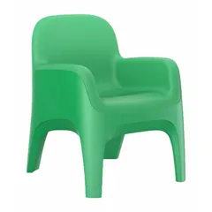 Single-seat arm chair from the Endurance series with a green polyethylene seat. Floor-mount design with arms included. Seat width is 25 inches. Meets ISO 22196 standards and UL 94 HB flammability requirements. Suitable for commercial waiting areas, break rooms, or cafeteria spaces.