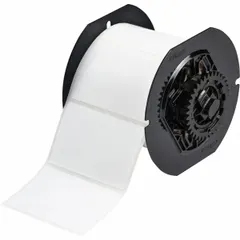 Thermal transfer precut label roll measuring 2 in x 3 in, with rubber aggressive permanent adhesive. Contains 500 labels per roll. Halogen-free material. Compatible with i3300 printer series. Used for on-demand identification in industrial settings, such as asset tagging, cable marking, and safety labeling.
