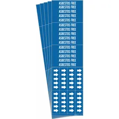 Adhesive pipe marker with blue background and white legend reading 'Asbestos Free', including directional arrows. Fits pipe outer diameters of 3/4 inch and smaller. Pack of 5 markers (3 markers per pack). Used for identifying pipes carrying asbestos-free media in industrial facilities, HVAC systems, and process plants.