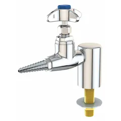 This needle valve features a chrome finish, one handle, one outlet, and a yellow index color. It has a 90-degree flow pattern, NPT inlet connection, and a threaded shank for cross configuration. Designed for vacuum media, it is used in laboratory turrets and valves for precise flow control.
