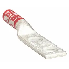 This two-hole compression lug is designed for terminating 8 AWG stranded copper wire to a 1/4 in stud. It features a long copper barrel and is intended for use with stranded wire only. Suitable for electrical connections in power distribution and control equipment.