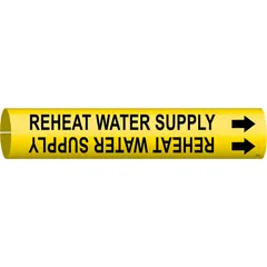Snap-on pipe marker with yellow background and black legend reading 'Reheat Water Supply'. Includes directional arrows. Fits pipe outer diameters of 4 to 6 inches. Used for identifying reheat water supply lines in HVAC and industrial piping systems.