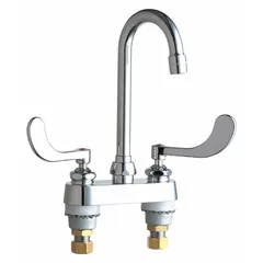 Centerset, deck-mounted bar sink faucet with cast brass body and gooseneck spout. Two handles control flow at 1.5 gpm. Suitable for commercial bar and kitchen sink applications such as glass filling, pot washing, and hand washing.