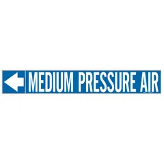 Blue adhesive pipe marker with white legend 'Medium Pressure Air' and directional arrows. Designed for pipe outer diameters from 2-1/2 to 6 inches. Each roll contains 25 markers. Used to identify medium-pressure compressed air lines in industrial facilities.