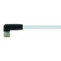 Single-ended cordset with M8 female right-angle connector on one end and bare wire on the other. Features 3 pins, 24 AWG wire size, and 15 m cable length. Gray PVC jacket rated IP66K for protection against dust and high-pressure water. Suitable for connecting sensors or actuators in industrial automation and material handling applications where flexing and space constraints are present.
