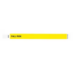 Tyvek wristband for patient identification, yellow with fall risk designation. Each measures 10 inches long by 3/4 inch wide. Pack of 500. Used in healthcare settings to alert staff of increased fall risk.