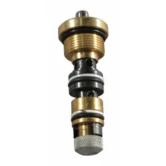 This steel valve cartridge kit is a replacement component for the hydraulic valve assembly on pallet jacks. It is used to restore lifting and lowering function during maintenance and repair of material handling equipment.