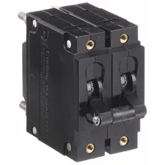 This toggle-style miniature circuit breaker is designed for front panel mounting with a threaded insert and #10-32 stud terminals. Rated for 250V AC and 80V DC, it provides overcurrent protection in control panels, power supplies, and machinery. The resettable mechanism allows for manual on/off control and automatic trip under fault conditions.