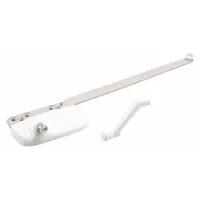 This sash-mounted window operator is designed for casement windows and includes a white enamel-coated crank handle. It is configured for right-hand installation and features a 4-5/8 in base length. Suitable for residential and light commercial applications requiring reliable window opening and closing