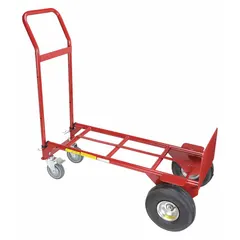 This 2-position steel convertible hand truck from Dayton functions as both a hand truck and dolly for moving heavy loads in warehouses, factories, and job sites. It features a dual-handle design for improved control when maneuvering bulky items. The unit has a red finish and measures 14 inches wide by 8 inches deep.