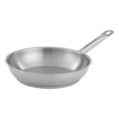 Uncoated stainless steel fry pan with a 12 1/2 in top diameter and welded stainless steel handle. Silver finish. NSF Certified for commercial foodservice use. Suitable for high-heat cooking tasks such as searing, sautéing, and pan-frying.