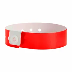 Red vinyl security wristband with no pre-printed legend, allowing custom marking. Measures 10 inches long by 3/4 inch wide. Supplied in a 500-pack for single-use access control, event management, and patient identification.