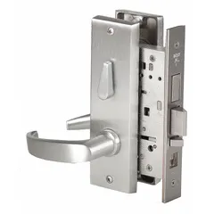 This BEST office lever lockset features a satin chromium-plated stainless steel finish with a 45H escutcheon and F20 function. It is ADA compliant and includes an interchangeable core for keying flexibility. Suitable for commercial interior doors requiring lever operation and key-retracted locking from the outside with free egress inside.