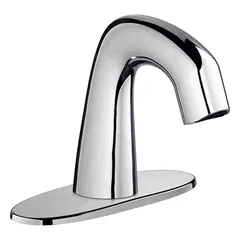 This single-post sensor bathroom faucet from the EQ Curved series is constructed of cast brass with a polished chrome finish. It features a centerset configuration and includes a 4" cover plate. Designed for touch-free operation in commercial and institutional restrooms, it helps improve hygiene and reduce water waste.
