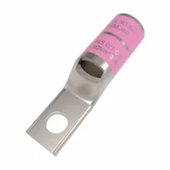 Copper one-hole compression lug for terminating 1/0 AWG solid or stranded copper wire onto a 1/4 in stud. Suitable for electrical connections in power distribution, panel building, and equipment installations.