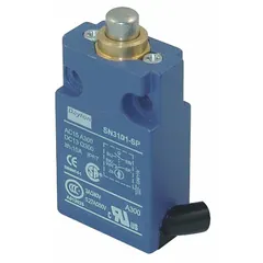 This top-mount plunger limit switch features a plunger actuator and a 6 ft cable with 5-wire, 18 AWG electrical connection. It is designed for 20 mm mounting hole horizontal center-to-center distance. Typical applications include position sensing in industrial automation, such as conveyor systems and packaging machinery.