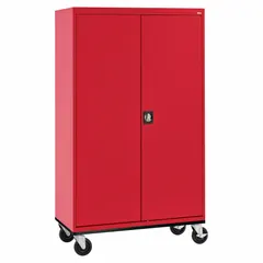 This commercial mobile shelf cabinet from SANDUSKY is constructed of powder-coated steel in red and measures 46 x 24 x 78 inches. It features a recessed door handle, keyed lock, and four adjustable shelves. The cabinet is mounted on casters for mobility and is supplied fully assembled.