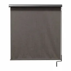 This pole-and-crank-operated awning provides outdoor shading for patios, decks, or commercial storefronts. It features a 7 ft valence width, white fabric, oil-rubbed bronze valance, right-side operation, and a bungee and hook tie-down system. UV protection rating is 92%.