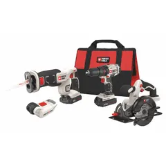 This 4-tool combination kit includes a circular saw, drill, reciprocating saw, and work light, all powered by the PORTER CABLE 20V battery platform. Suitable for cutting, drilling, and lighting tasks in construction, remodeling, and maintenance applications.