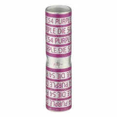 This crimped butt splice compression connector is designed for joining 4/0 AWG copper conductors. It features a copper barrel, measures 2.78 inches, and is identified by a purple color code and die code 54. Used in electrical power distribution and heavy equipment wiring to create permanent, low-resistance connections.