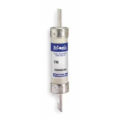 The MERSEN TR80R is a Class RK5 time-delay blade fuse rated for 80 A at 250 V AC and 250 V DC. Part of the TR-R series, it provides overcurrent protection for circuits with inductive loads such as motors and transformers, allowing temporary inrush currents without nuisance opening. This non-indicating fuse is suitable for general industrial electrical systems requiring time-delay characteristics.