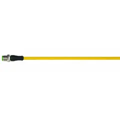 Single-ended cordset with a yellow PUR jacket designed for twisting applications. Features an M12 male straight connector on one end and bare wire on the other. 4 pins, 22 AWG wire, 5 m cable length. Rated IP66K, max current 4 A. Suitable for connecting sensors or actuators in industrial automation, packaging, and robotics where resistance to oils, abrasion, and twisting is required.