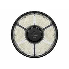 Round LED bay light for high-bay applications. Operates on 120 to 347V AC with 4000K color temperature and 80 CRI. Designed to replace (6) lamp T8 HBF fixtures. Suitable for warehouses, factories, and distribution centers.