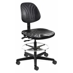 This armless drafting chair from BEVCO features a black nylon frame and a tilting back for flexibility. The seat measures 19 1/4 inches wide and 17 1/2 inches deep. Suitable for use at drafting tables, workstations, and lab benches where freedom of movement is required.
