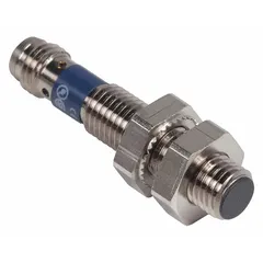 Shielded inductive cylindrical proximity sensor with built-in connector and 3 wires. Operates on 12-24V DC supply voltage. Detects metallic objects without contact for position sensing, part detection, and machine control in industrial automation.
