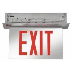 This recess-mount edge-lit exit sign features two faces with red text on a silver aluminum housing. It uses LED lighting technology and includes universal field selectable chevrons. A nickel cadmium battery provides backup power during outages. Suitable for commercial egress illumination where a recessed installation is desired.