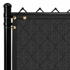 High-density polyethylene privacy and shade screen in black. Measures 5.66 ft overall height by 150 ft overall length. Used for visual barriers and shade in outdoor areas such as patios, fences, and construction sites.