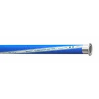 Polyethylene potable water discharge hose assembly with smooth EPDM cover and synthetic spiral-piled fabric reinforcement. Rated for 150 psi, with a temperature range of -40° to 212°F. Fitted with 1 x 1-inch fittings. Suitable for water discharge in industrial, agricultural, and municipal applications