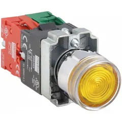 Momentary-action illuminated push button with an extended metallic profile. 22 mm mounting hole, 1NO/1NC contact configuration, and pressure plate terminals. Provides visual status indication in low-light environments for industrial control panel applications.