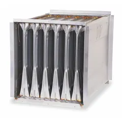 This heat exchanger transfers heat between fluids without mixing them, serving as a replacement component for HVACR heaters and heat exchangers. It is used in commercial and industrial heating systems to improve energy efficiency and maintain safe operating temperatures.