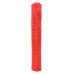 Orange polyethylene barrier fence with 4 ft overall height and 100 ft overall length. Features 1-1/2 x 1-1/2 in mesh openings. Used for perimeter marking, hazard isolation, and crowd control in industrial and construction sites.