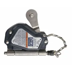 This rope grab is a fall protection component for use on vertical polypropylene rope lifelines. It features a stainless steel rope grab body with aluminum and nylon components, and includes a lanyard with a lanyard connection handle attachment point. Suitable for industrial and construction applications where controlled movement and fall arrest are required.