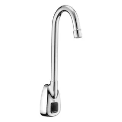 This SLOAN Optima single-post sensor faucet features a brass body with chrome finish. It includes a wall mount and a plug-in back-check tee. Designed for hands-free operation in commercial restroom settings.