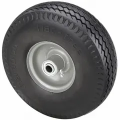 This MARASTAR flat-free polyurethane foam wheel has a 10 5/16-inch diameter, 1 3/4-inch width, and 3 1/2-inch hub length. The tire sidewall number is 4.10/3.50-4. Its foam construction eliminates the need for air inflation, making it suitable for industrial carts, dollies, and light-duty material handling equipment where puncture-proof operation is required.