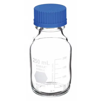 KIMBLE Media Bottle: 250 mL, Screw-On, GL 45, 138 mm, Colorless, Closure Included - Glass Lab Media Bottles