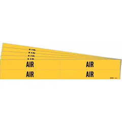 Yellow adhesive pipe marker with black 'Air' legend for identifying compressed air lines. Fits pipe outer diameters from 3/4 to 2-3/8 inches. Pack includes 4 markers without arrows, sold in a 5-pack quantity. Suitable for industrial piping systems requiring clear content identification.