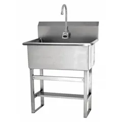 This one-station freestanding hand sink with faucet has a 22 in bowl length and 10 1/2 in bowl depth. It is battery powered with a 0.5 gpm flow rate. The unit is suitable for hand-washing in settings where plumbing access is limited.